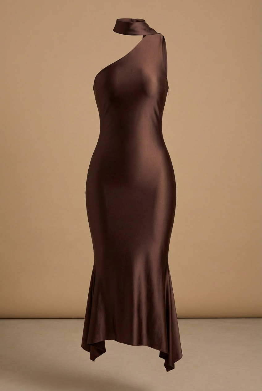 Sirena™ | Vestido Midi Marrón Cacao Satén Asimétrico
