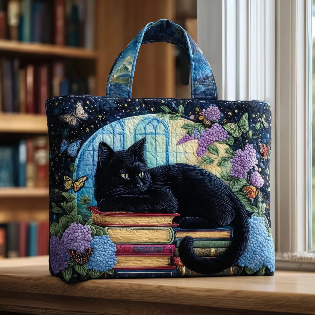 Bolso artesanal con gato negro sobre libros