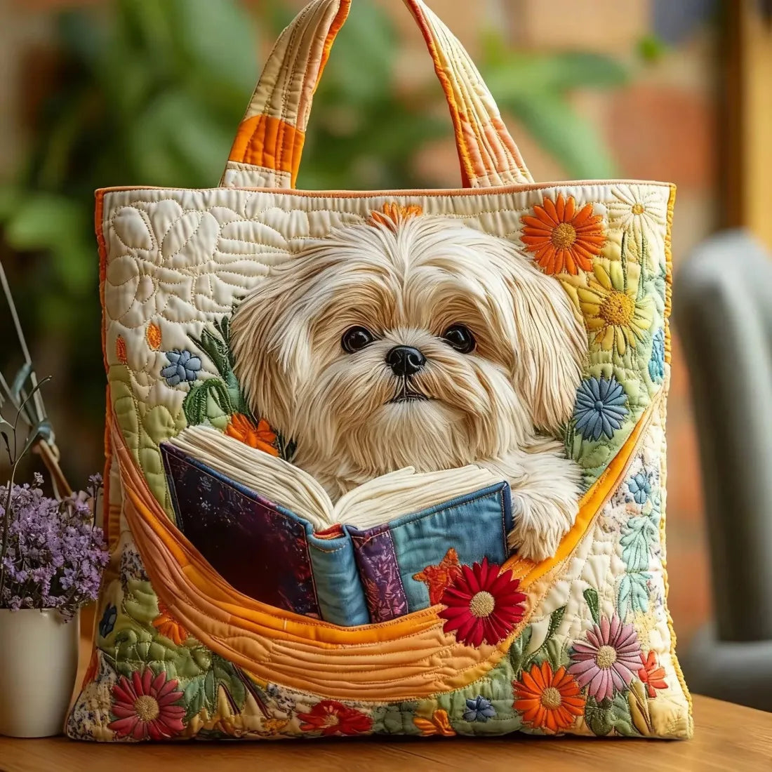 Bolso artesanal con Shih Tzu, libros y flores