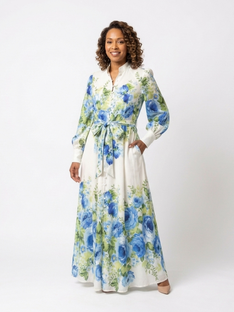 Vestido Maxi Floral de Manga Larga con Botones