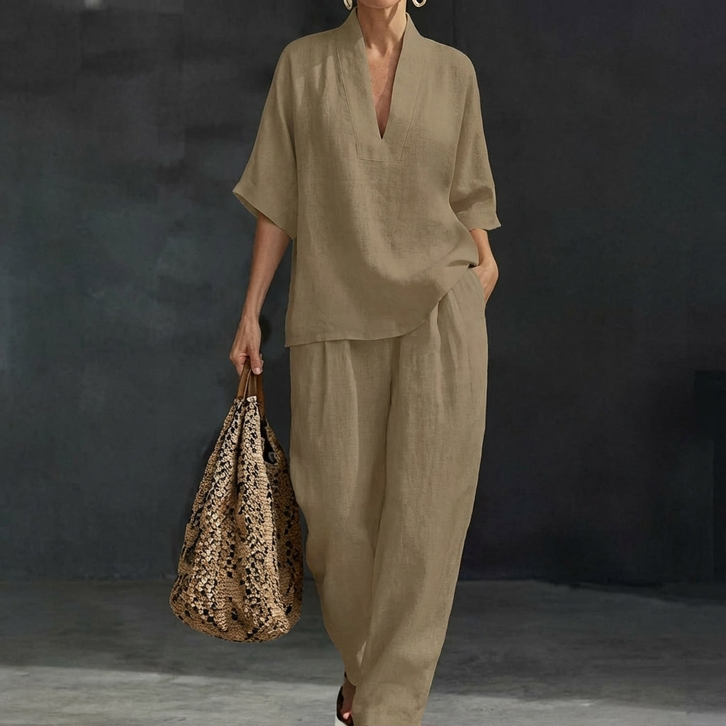Dolores™ | Conjunto Relajado de Top Henley y Pantalón Ancho