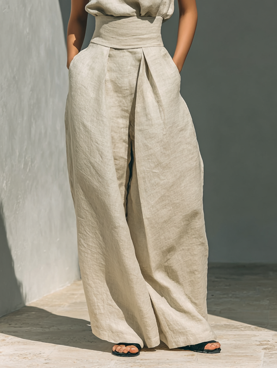 Aurora™ | Conjunto Coordinado Beige Holgado Sin Mangas con Pierna Ancha