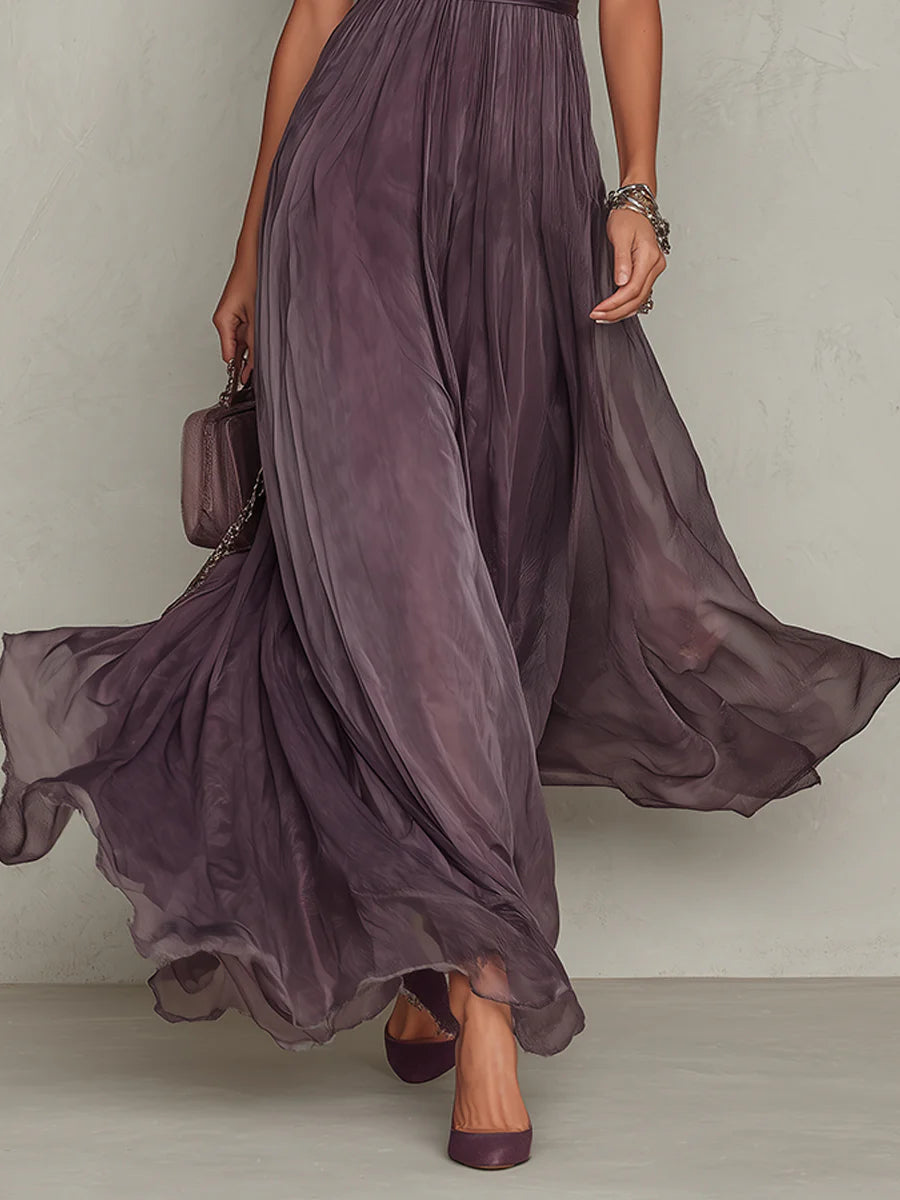 Flavia™ | Vestido Largo de Gasa Morado Elegante con Escote Lágrima