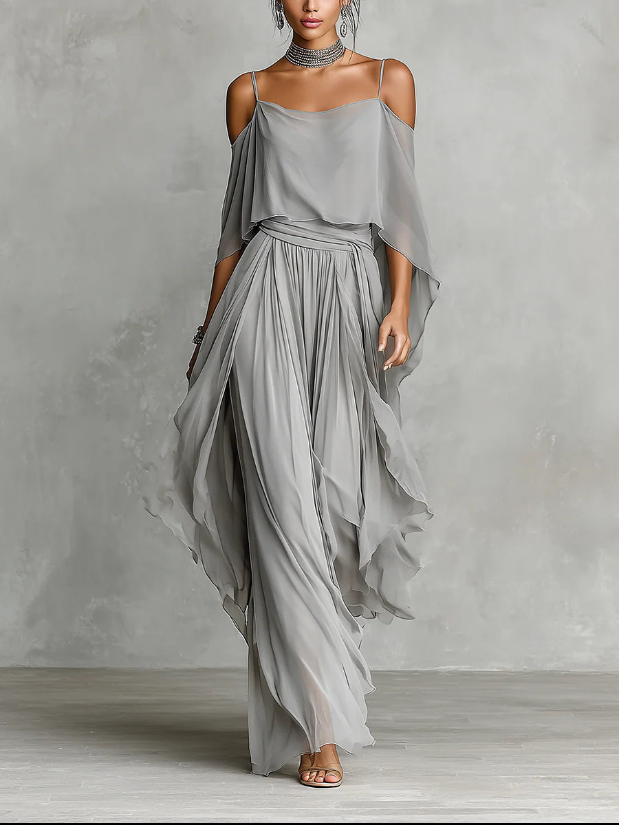 Isabella conjunto gasa gris hombros descubiertos