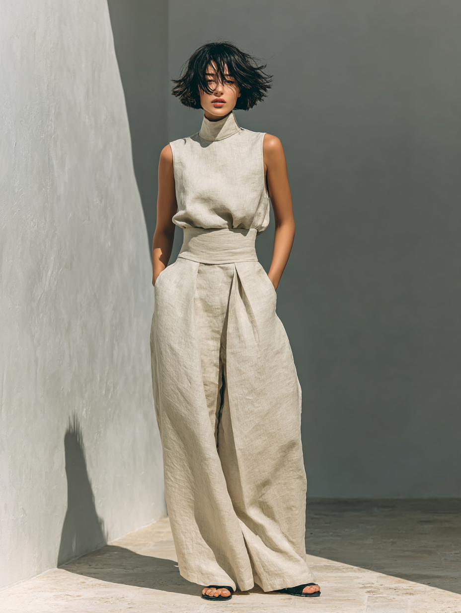 Conjunto de blusa sin mangas y pantalón de pierna ancha en mezcla de algodón y lino