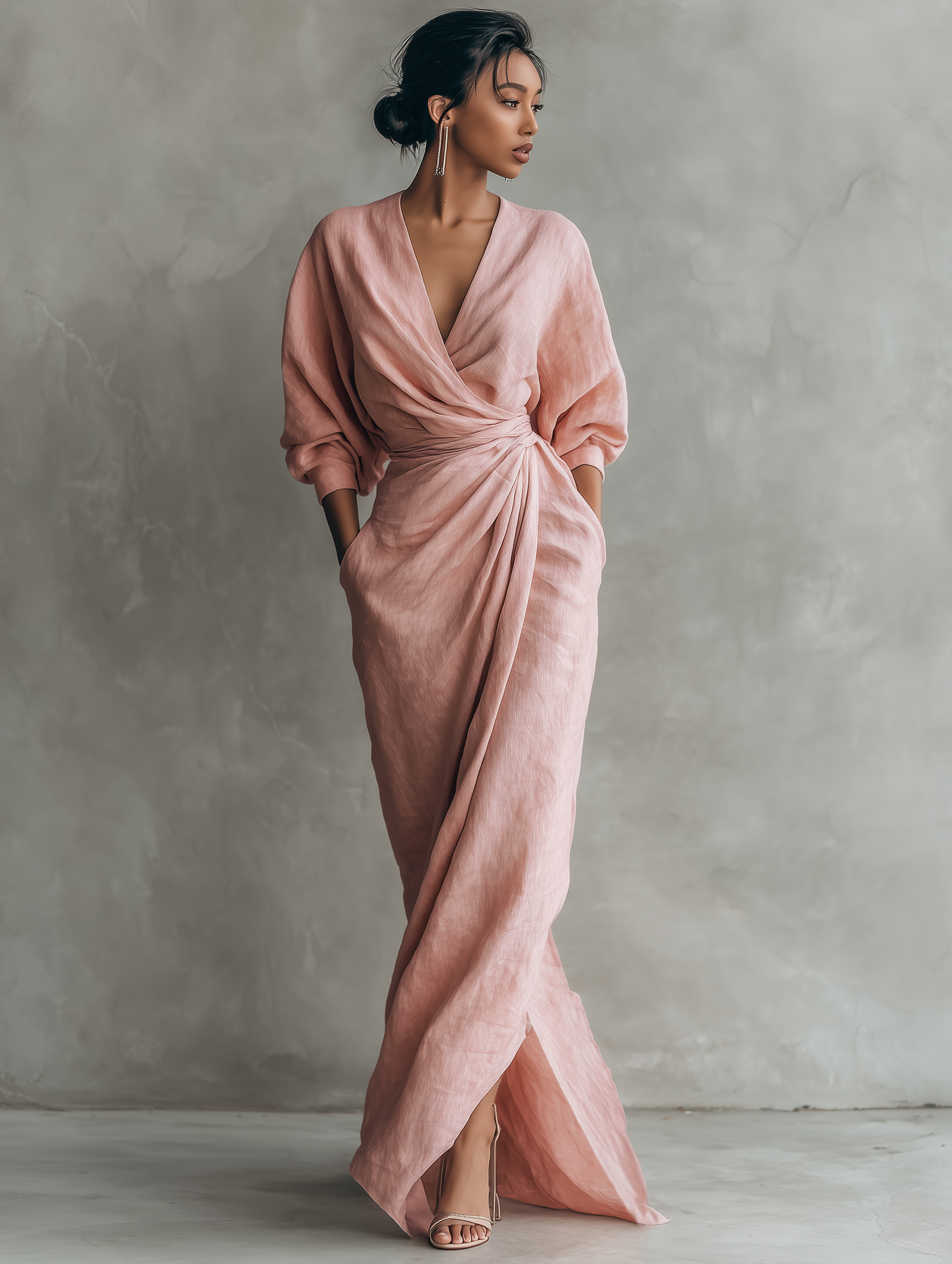 Vestido maxi lino marrón