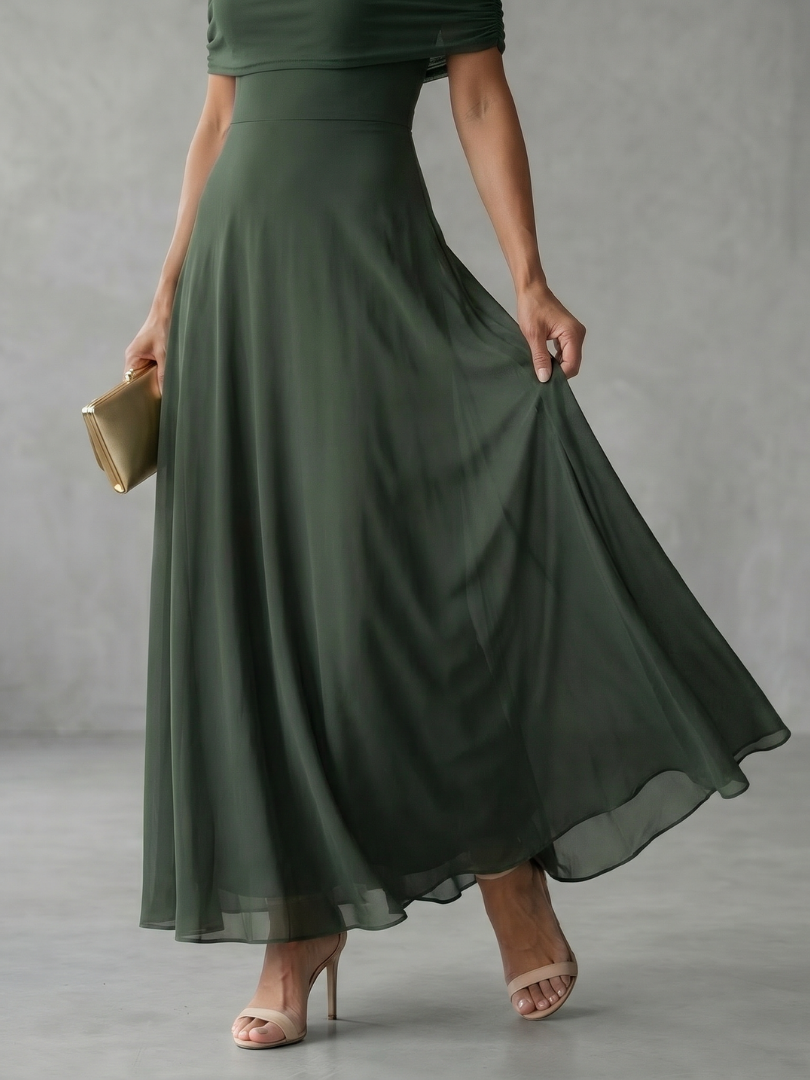 Vestido Midi Drapeado con Escote Bardot