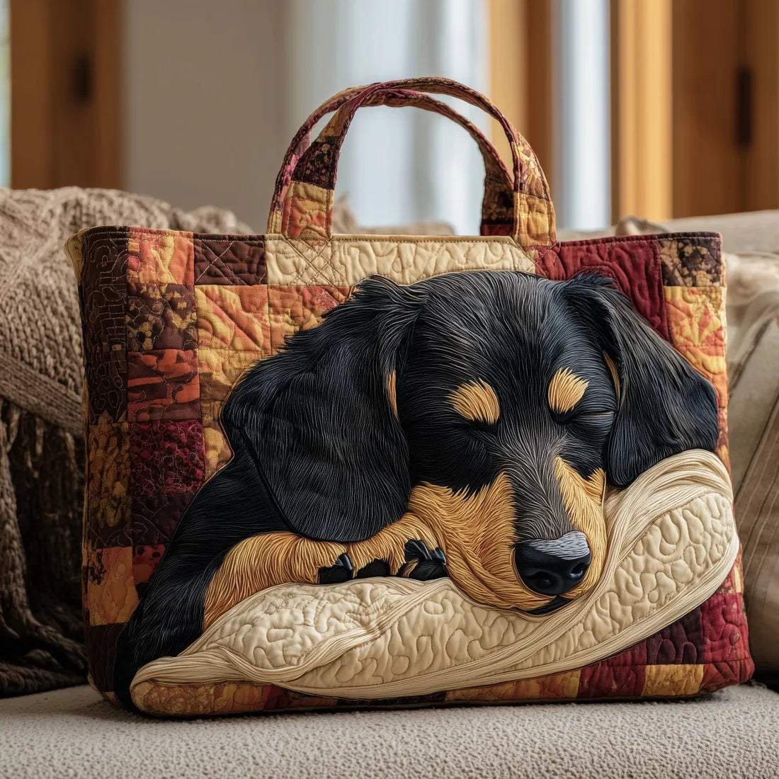 Bolso artesanal con perro salchicha