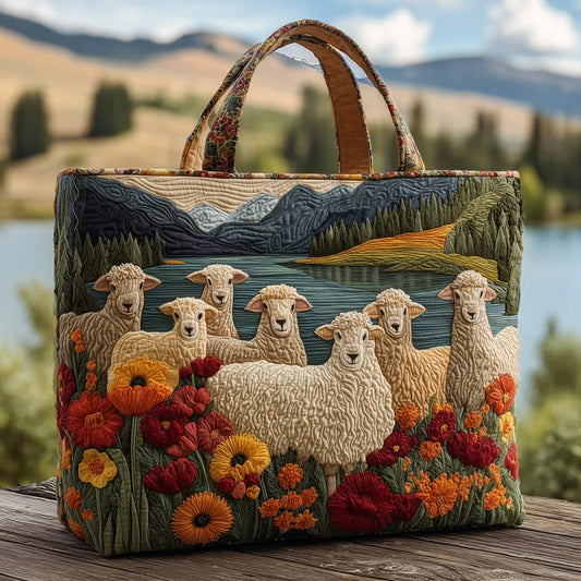 Bolso artesanal con ovejas en el lago
