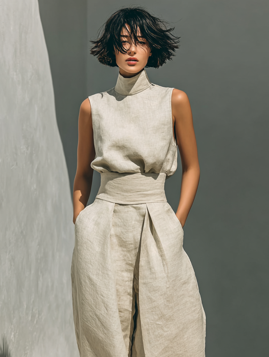 Conjunto de blusa sin mangas y pantalón de pierna ancha en mezcla de algodón y lino