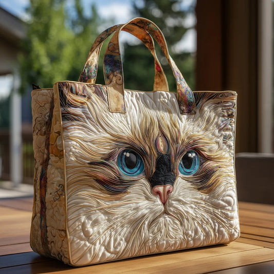 Bolso artesanal con gato blanco de ojos azules