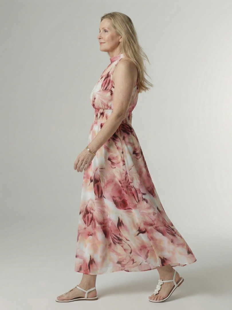 Vestido Midi Halter con Cintura Fruncida
