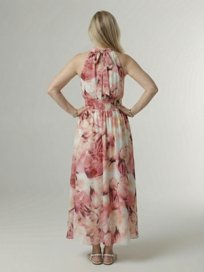 Vestido Midi Halter con Cintura Fruncida