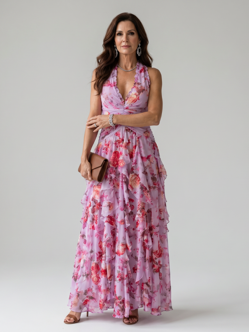 Vestido Maxi Floral con Escote Halter y Volantes