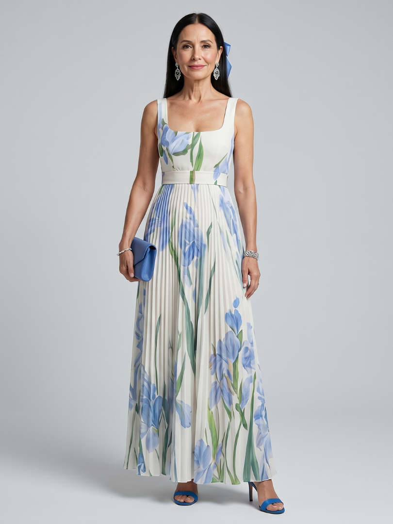 Vestido Midi sin Mangas con Escote Cuadrado y Flores