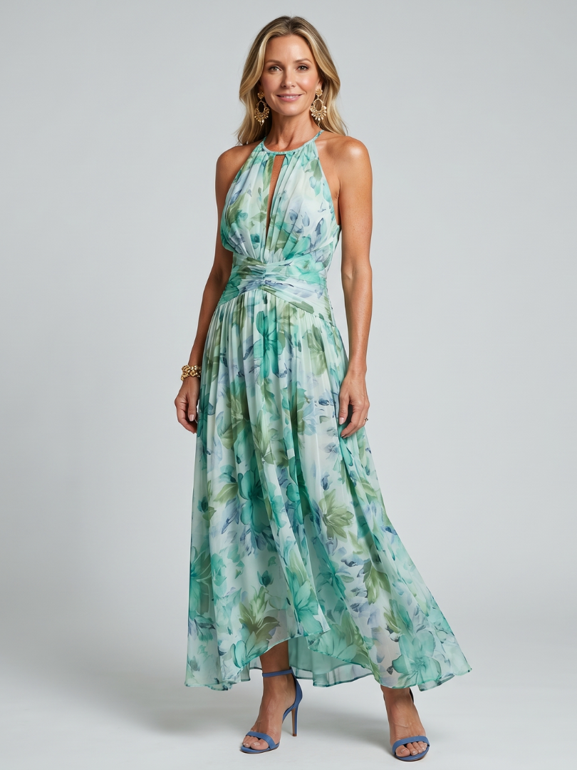 Portia | Vestido Midi Halter Floral Plisado