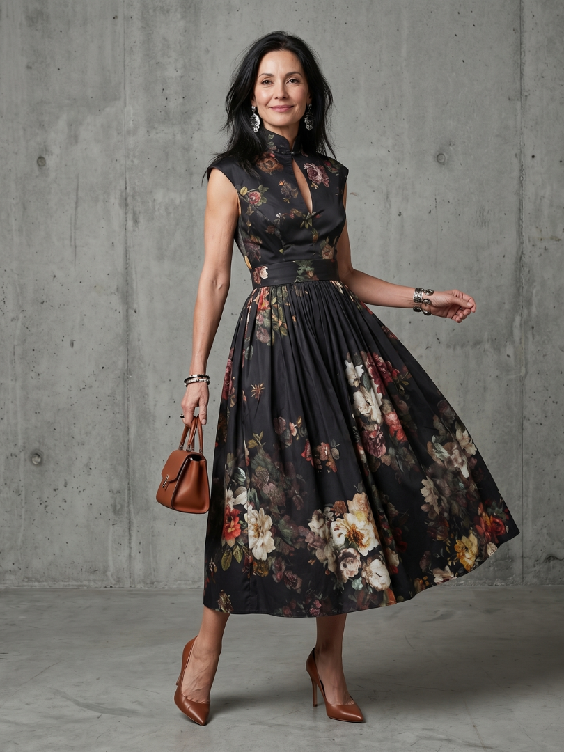Greta | Vestido Midi Floral Plisado con Cuello Alto y Abertura