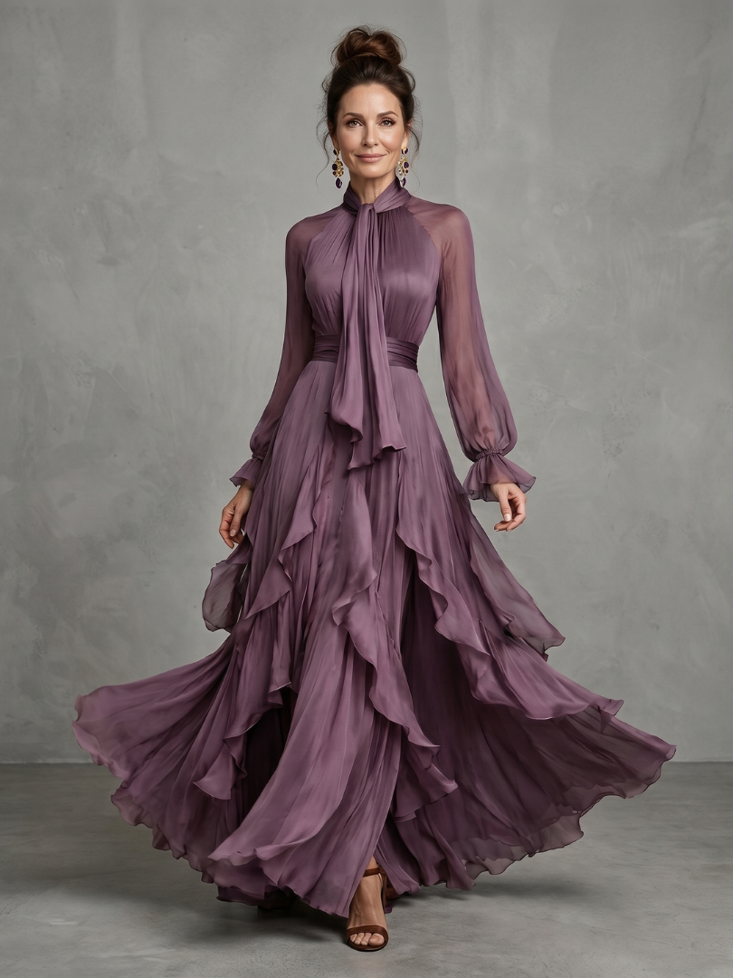 Demetria | Vestido Maxi con Volantes y Cuello Anudado