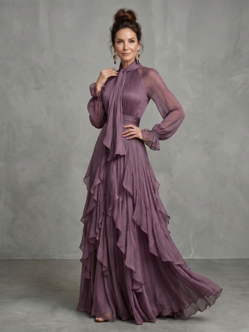 Demetria | Vestido Maxi con Volantes y Cuello Anudado