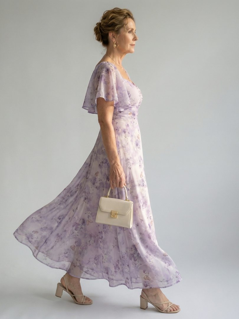 Vestido Midi Floral con Mangas Volantes