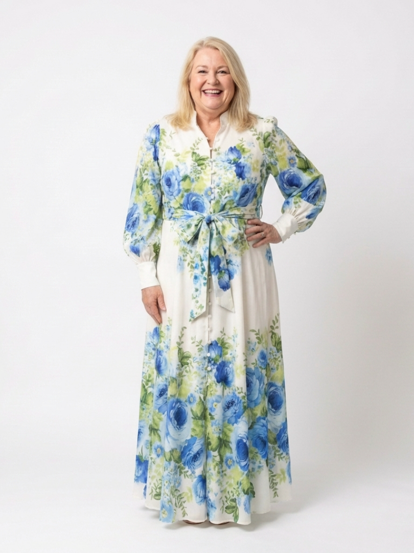 Vestido Maxi Floral de Manga Larga con Botones