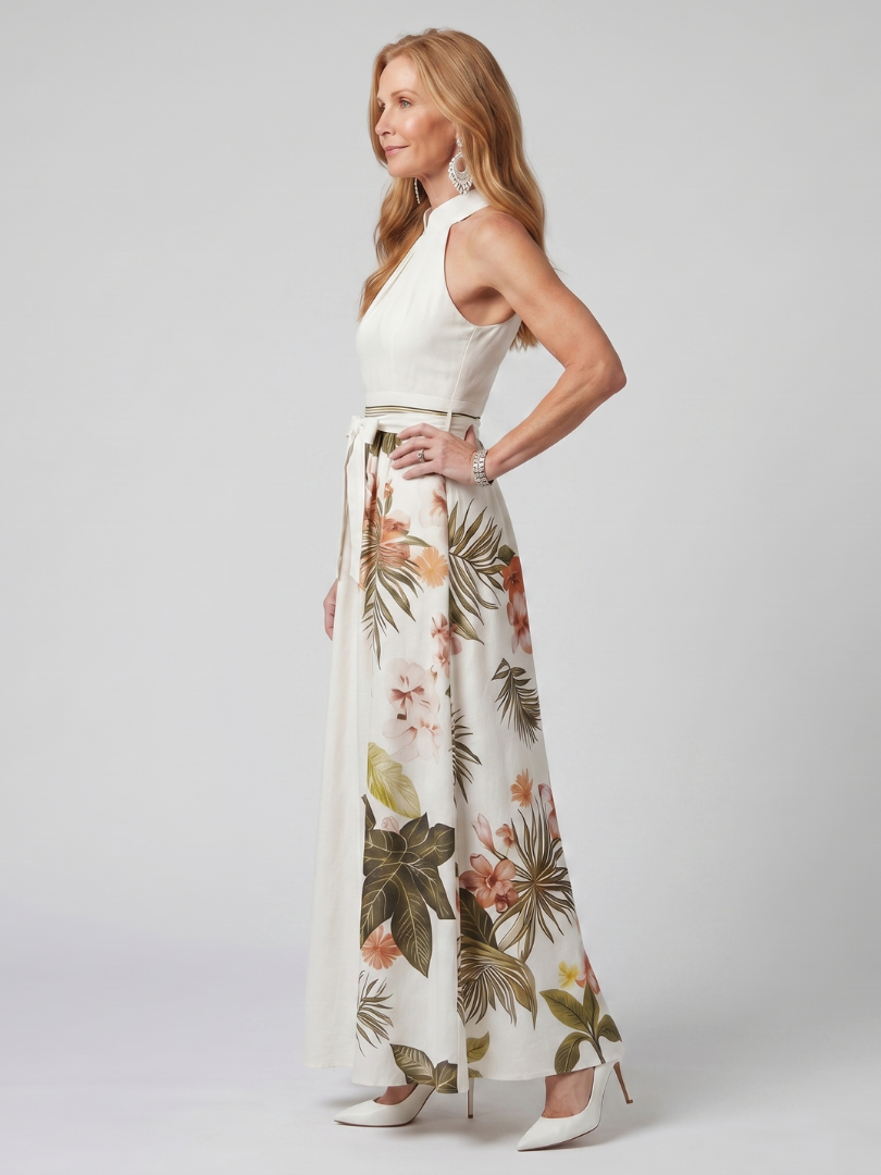 Vestido Maxi Botánico Drapeado con Escote Halter