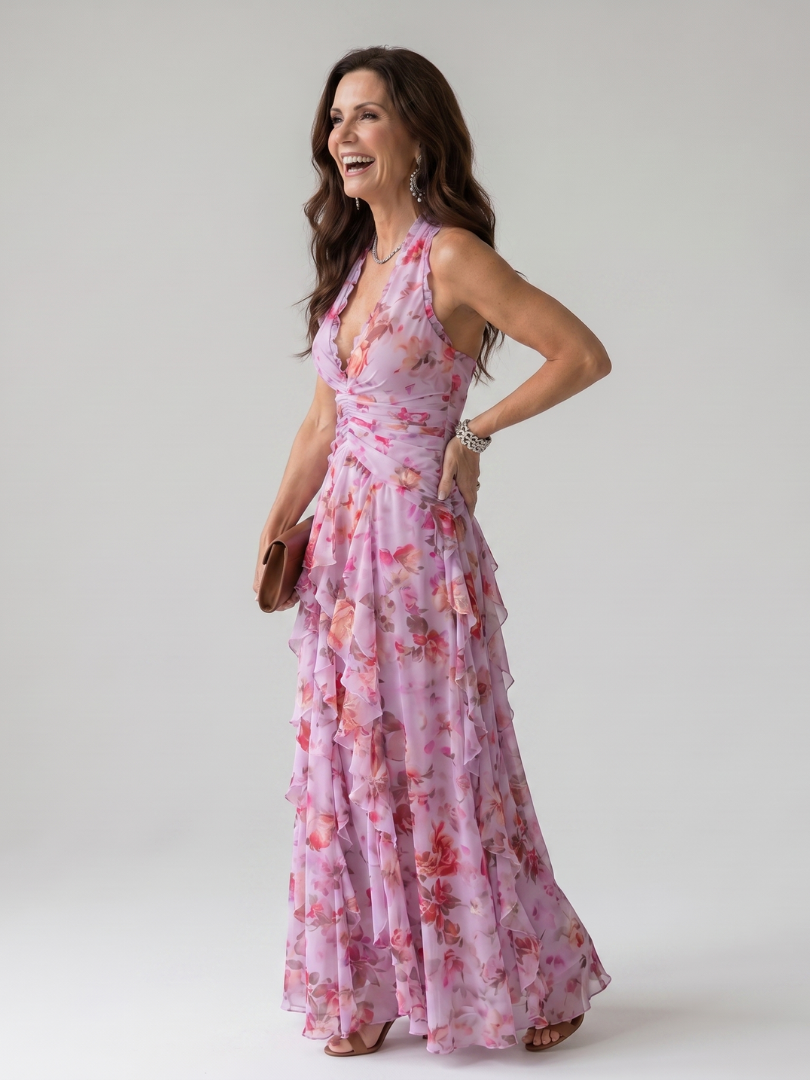 Vestido Maxi Floral con Escote Halter y Volantes