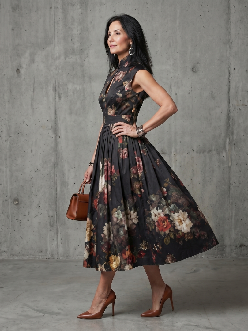 Greta | Vestido Midi Floral Plisado con Cuello Alto y Abertura
