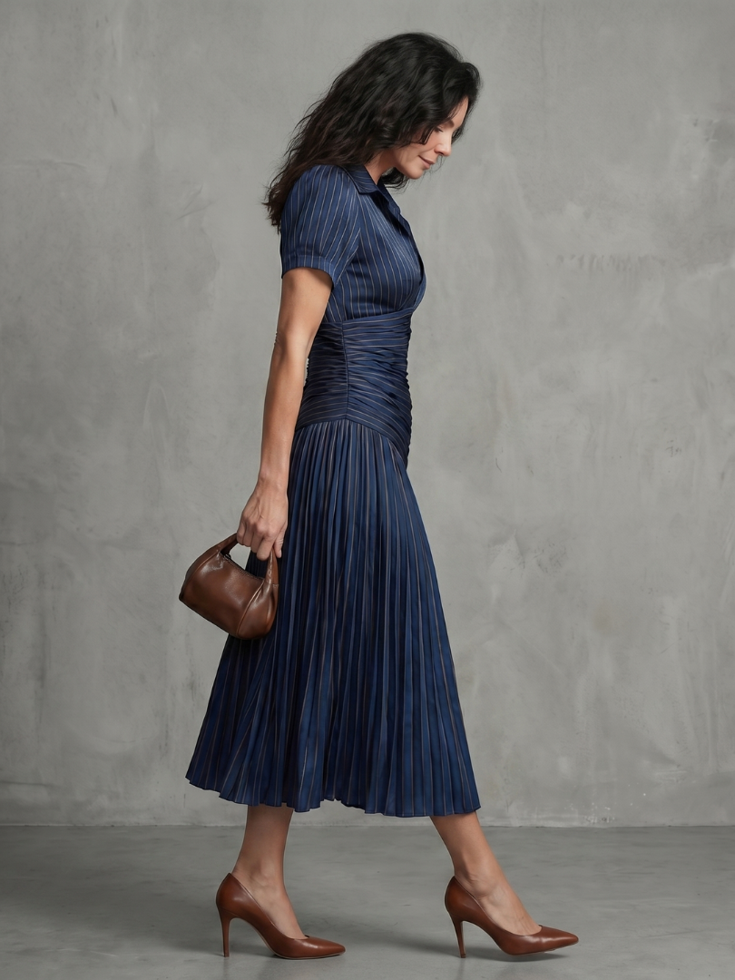 Vestido Midi de Rayas con Cintura Plisada