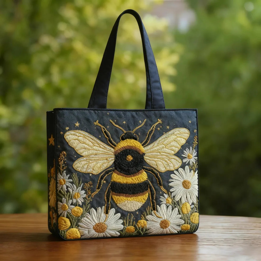 Bolso artesanal con abejas, margaritas y estrellas