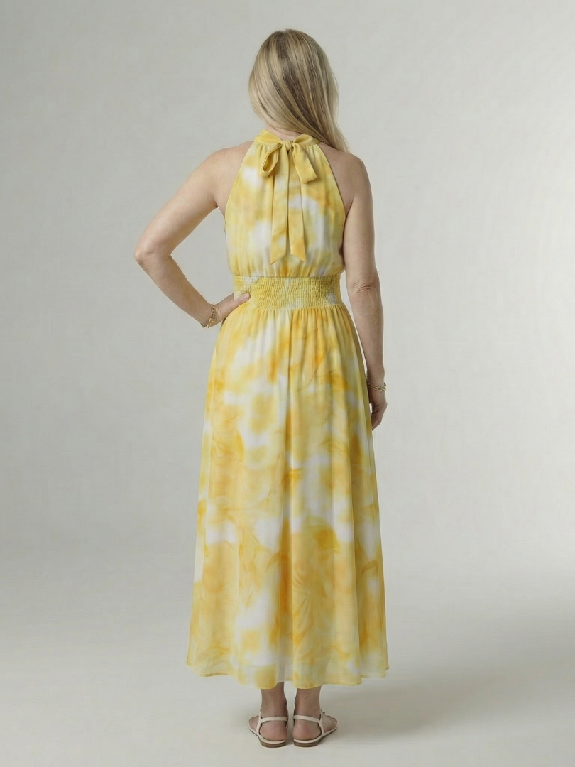 Vestido Midi Halter con Cintura Fruncida