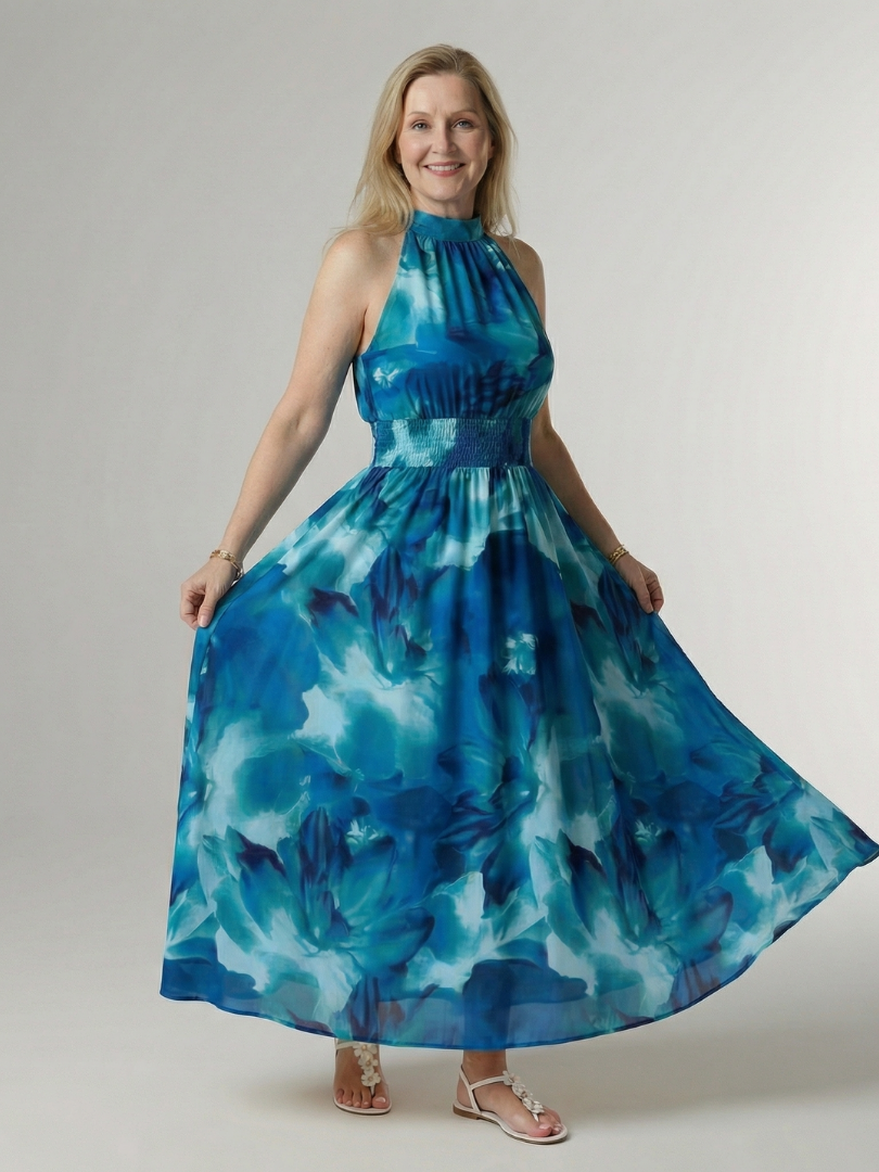 Vestido Midi Halter con Cintura Fruncida