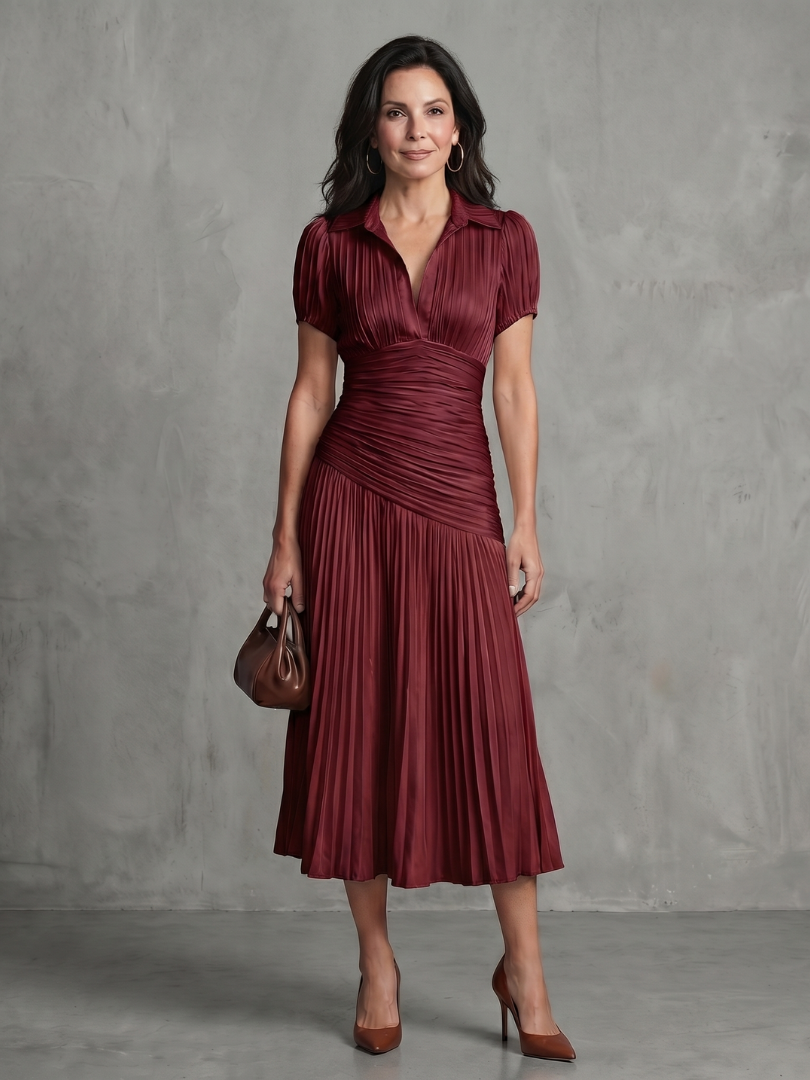 Vestido Midi de Rayas con Cintura Plisada