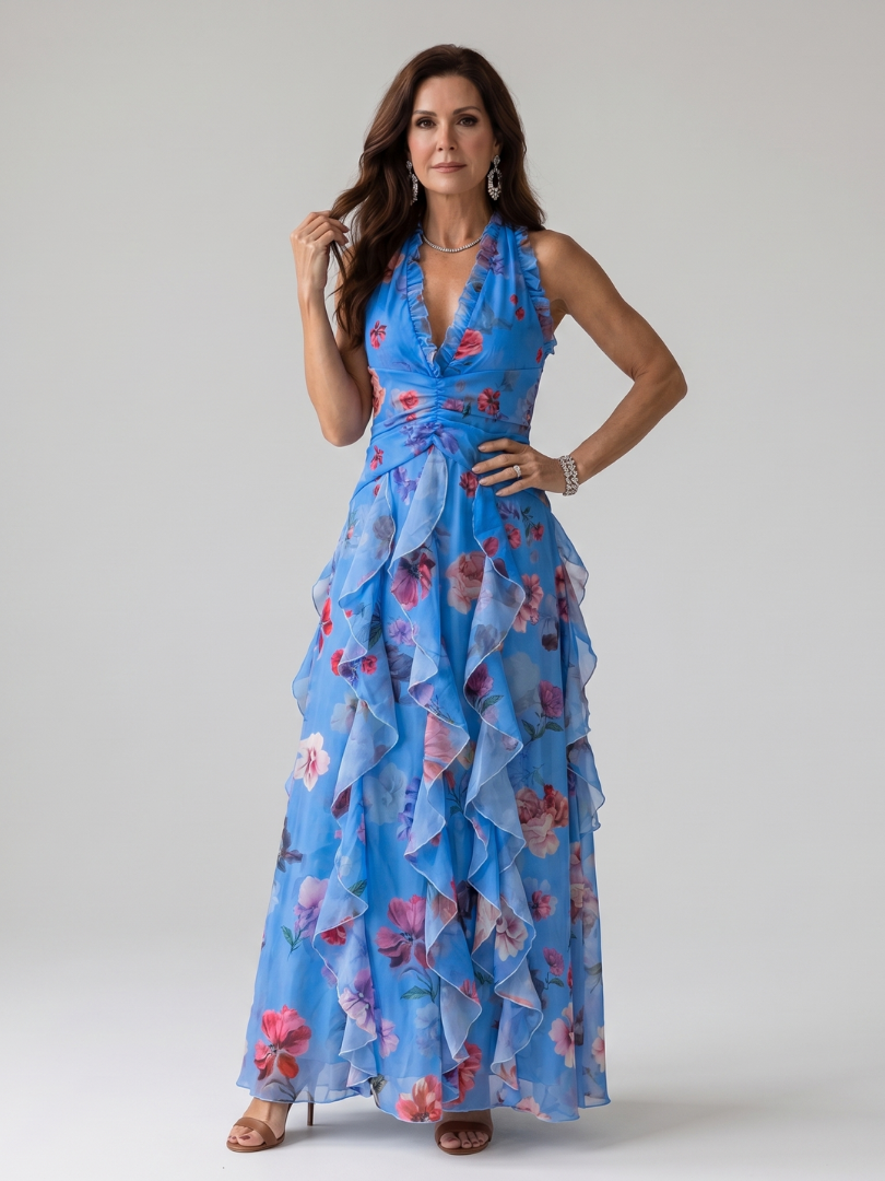 Vestido Maxi Floral con Escote Halter y Volantes