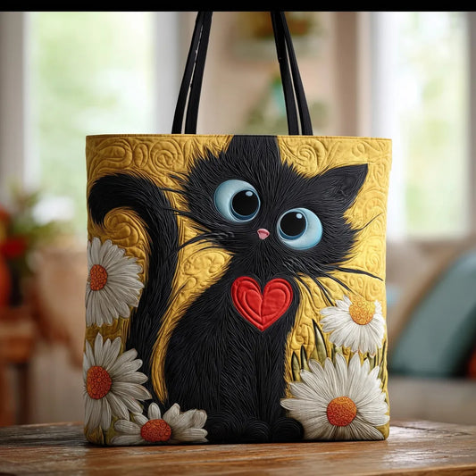 Bolso artesanal con gato negro, corazón y margaritas