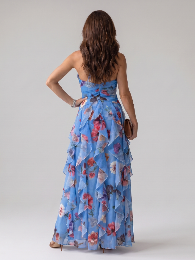 Vestido Maxi Floral con Escote Halter y Volantes