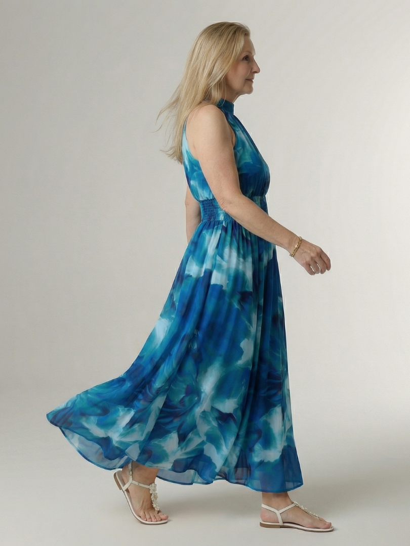 Vestido Midi Halter con Cintura Fruncida