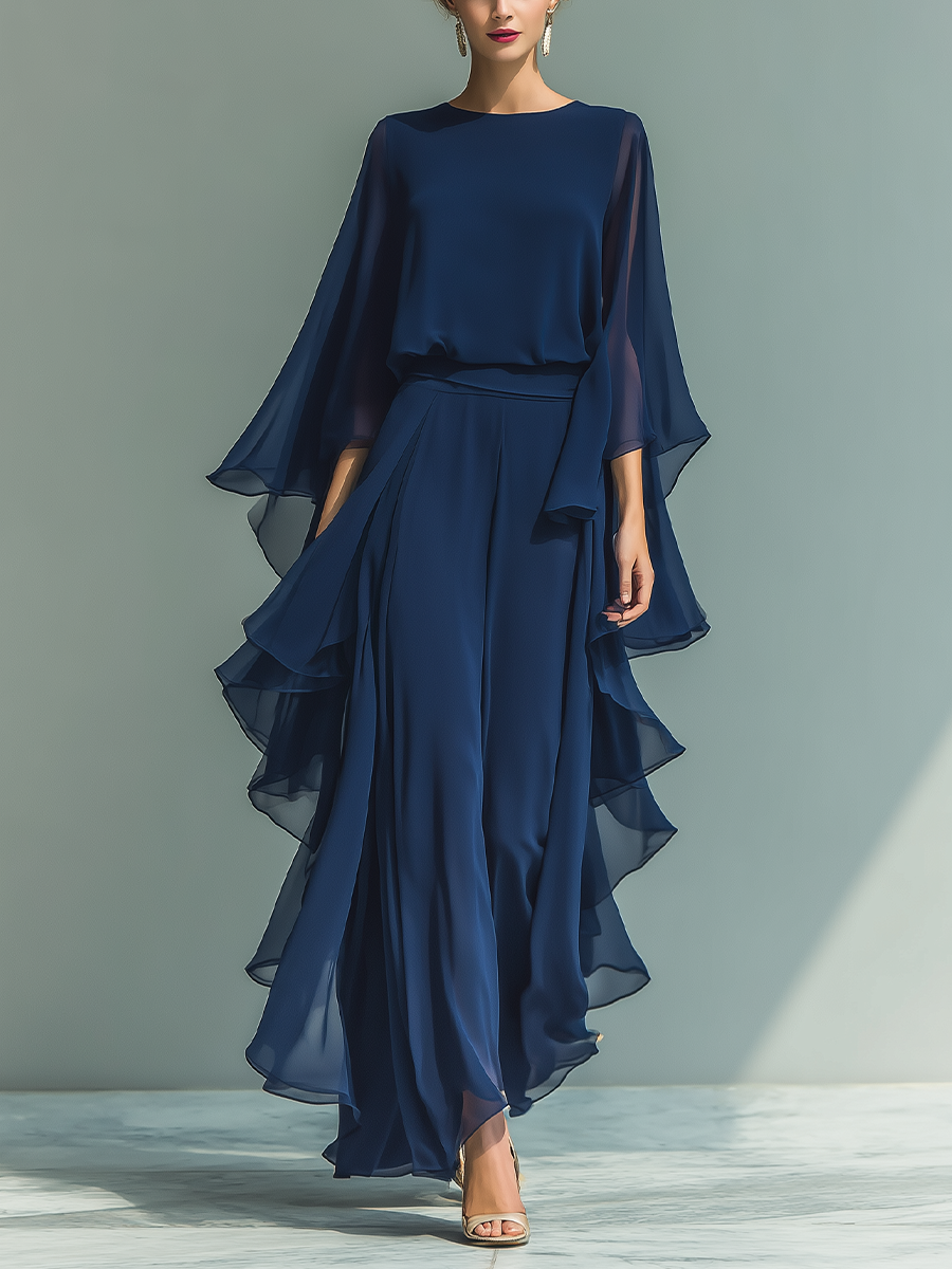 Conjunto gasa azul marino mangas acampanadas ruchés