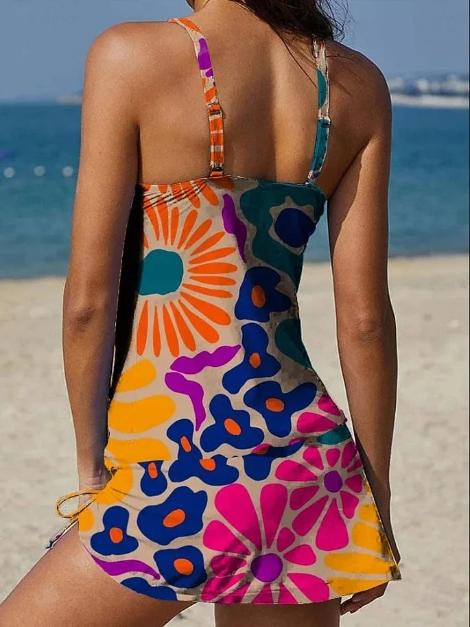 Elena – Tankini floral gráfico con short y efecto vientre plano