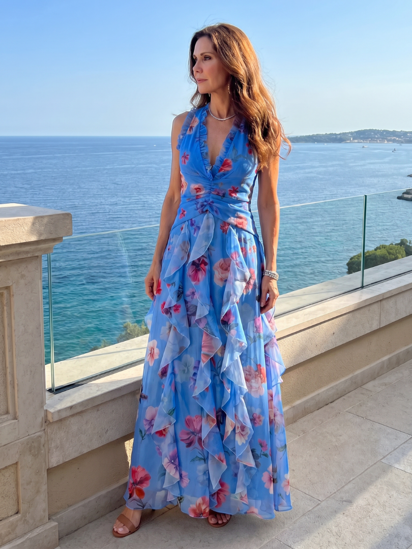 Vestido Maxi Floral con Escote Halter y Volantes