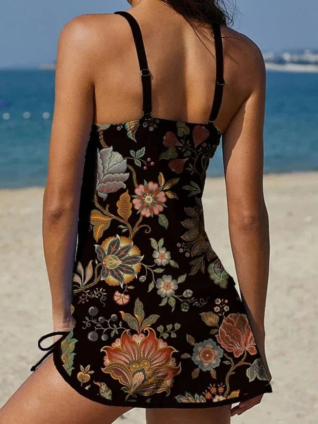 Elena – Tankini floral gráfico con short y efecto vientre plano