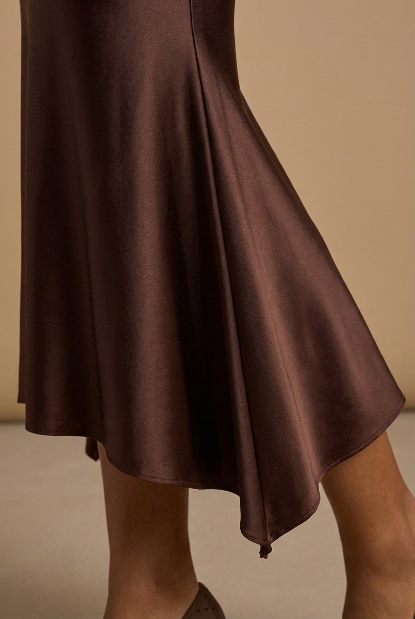 Sirena™ | Vestido Midi Marrón Cacao Satén Asimétrico