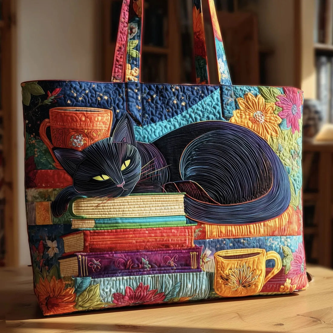 Bolso artesanal con gato negro, libros y tazas