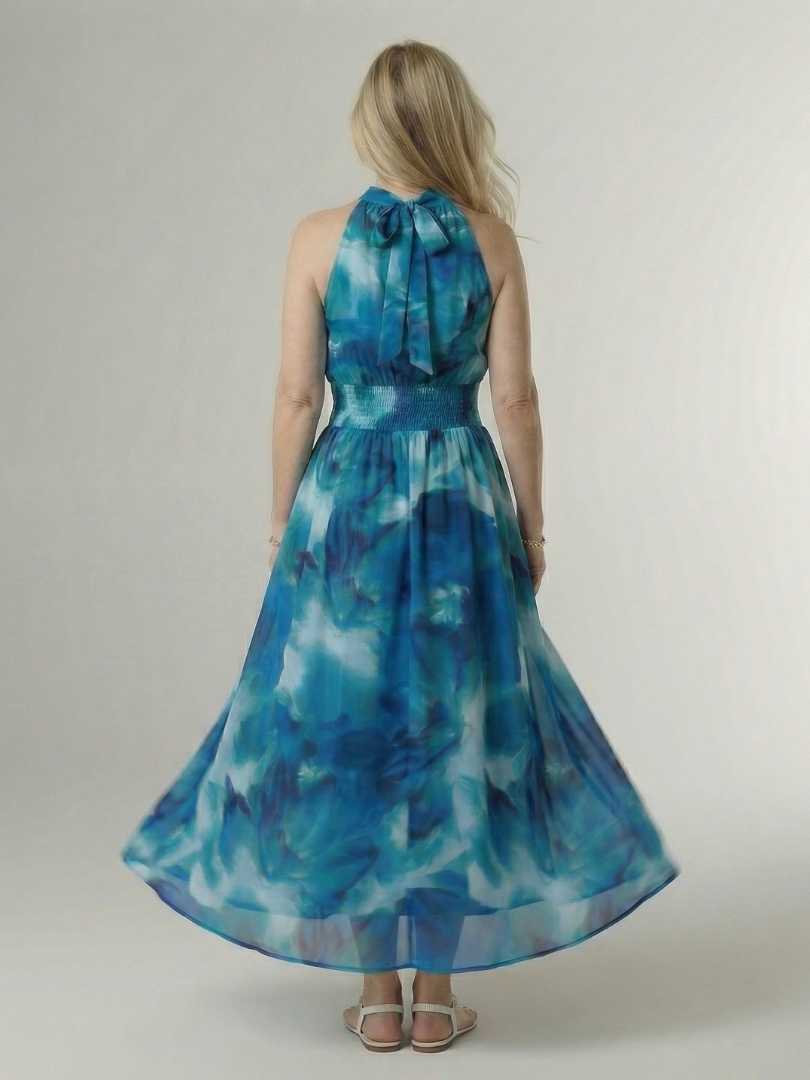 Vestido Midi Halter con Cintura Fruncida