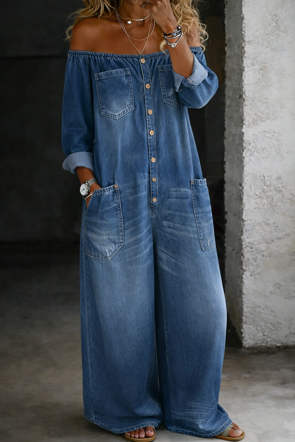 Elena™ | Conjunto denim hombros al descubierto