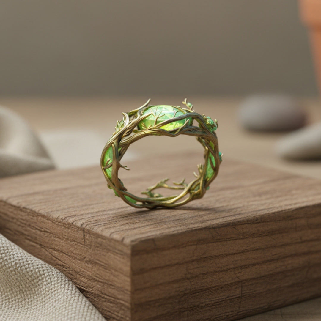 Detalle del anillo ópalo verde de bisutería