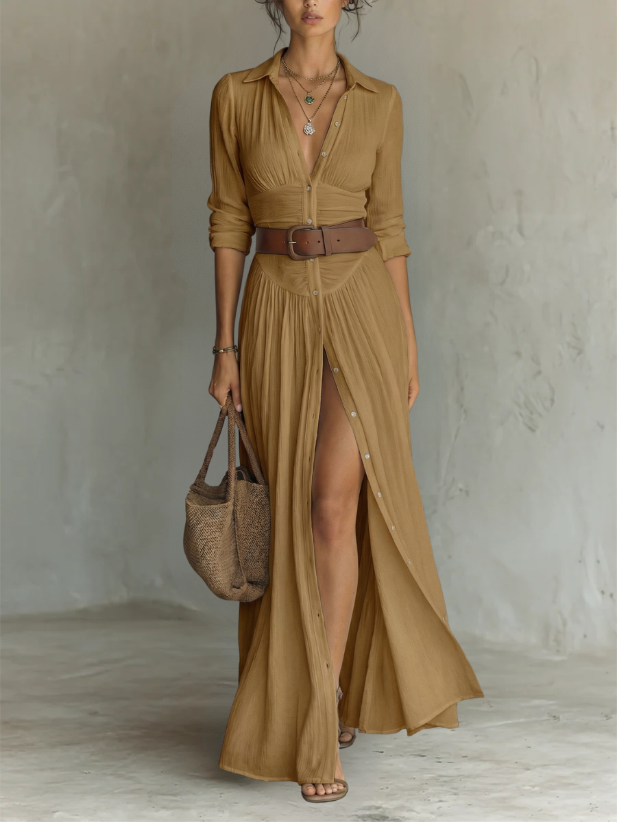 Vestido maxi lino marrón