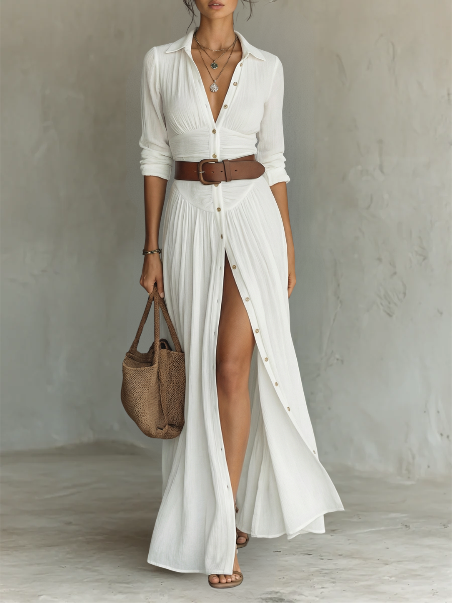 Vestido maxi lino cuello solapa blanco