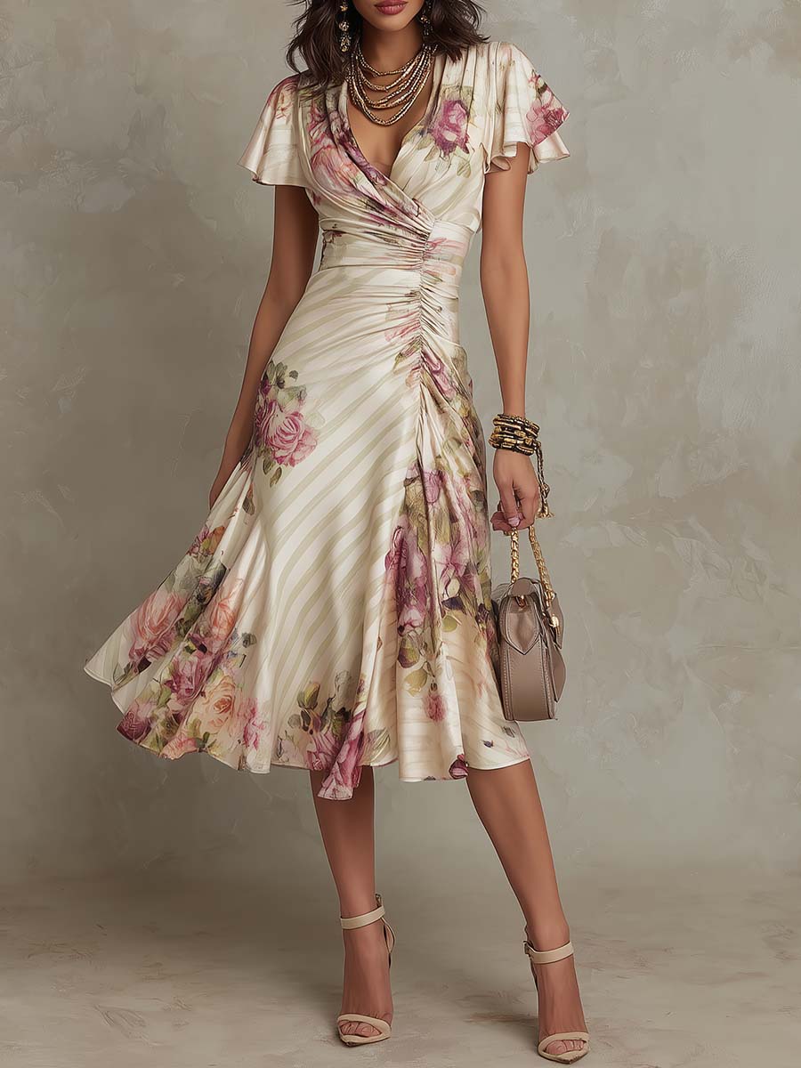 Alba™ | Vestido Midi Envolvente Fruncido Floral Elegante