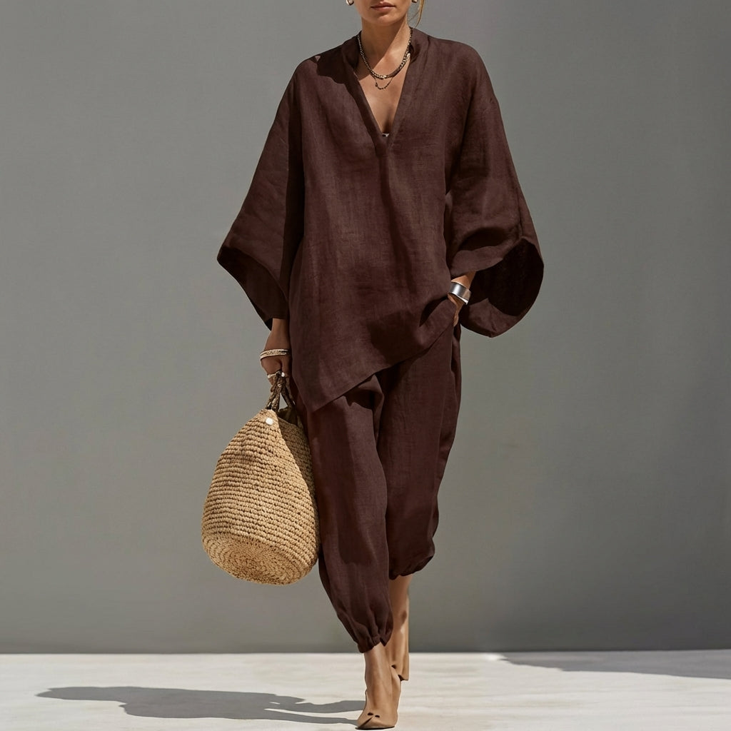 Marina™ | Conjunto Relajado de Top Escote en V y Pantalón Ancho